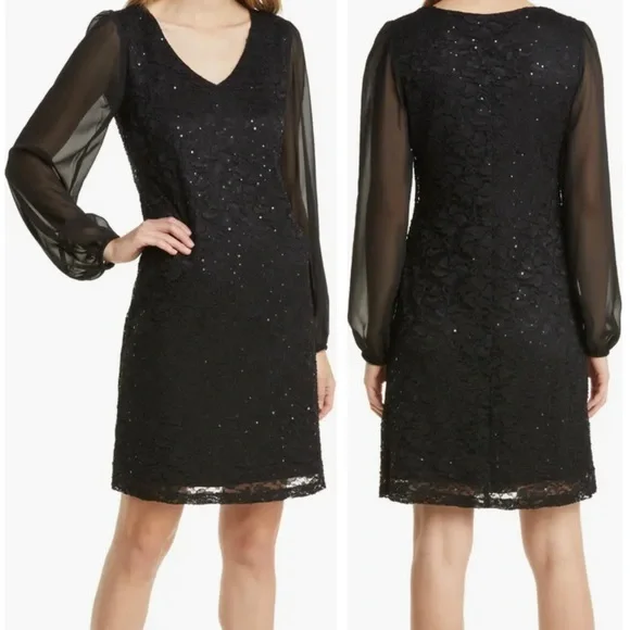 Connected Apparel Sequin Lace Chiffon Sleeve A-Line Dress in Black at Nordstrom, Size 8 Connected Apparel Sequin Lace Chiffon Sleeve A-Line Dress in Black at Nordstrom, Size 8